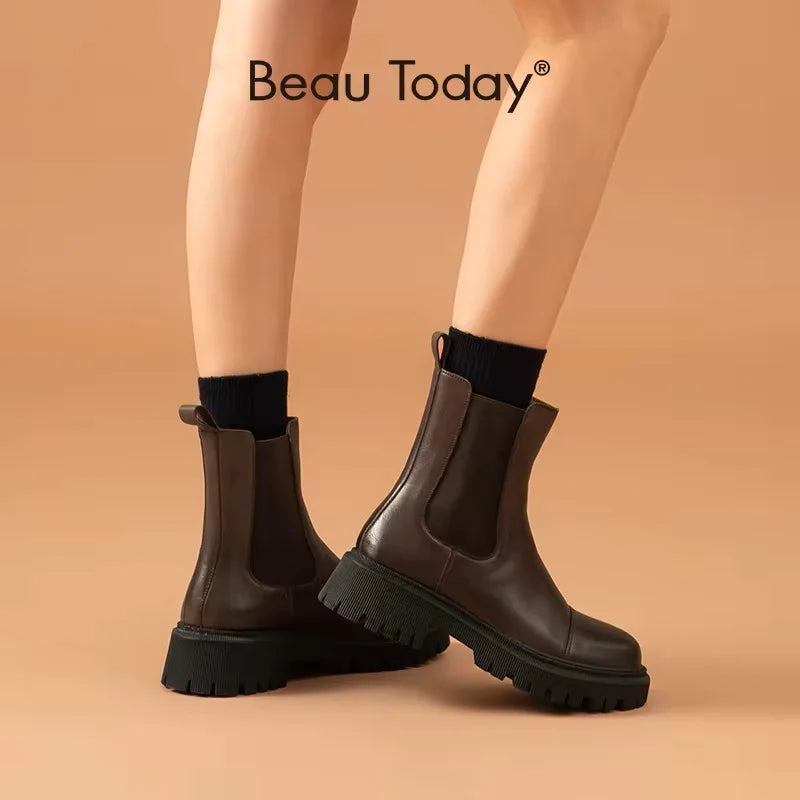 BeauToday Women’s Flat Chelsea Ankle Boots - Genuine Cow Leather Elastic Side Strap Handmade Spring & Autumn Shoes