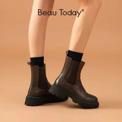 BeauToday Women’s Flat Chelsea Ankle Boots - Genuine Cow Leather Elastic Side Strap Handmade Spring & Autumn Shoes