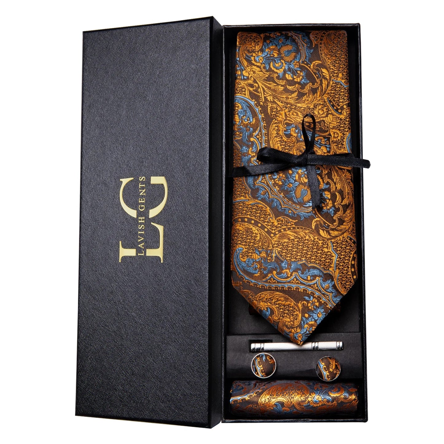 Hi-Tie Luxury Paisley Teal Green Tie Set - Men’s Classic Necktie with Handkerchief & Cufflinks Gift Box for Wedding & Formal Wear