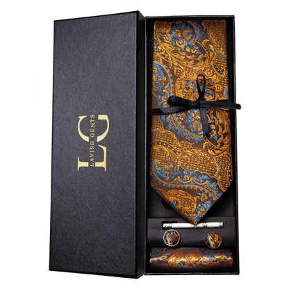Hi-Tie Luxury Paisley Teal Green Tie Set - Men’s Classic Necktie with Handkerchief & Cufflinks Gift Box for Wedding & Formal Wear