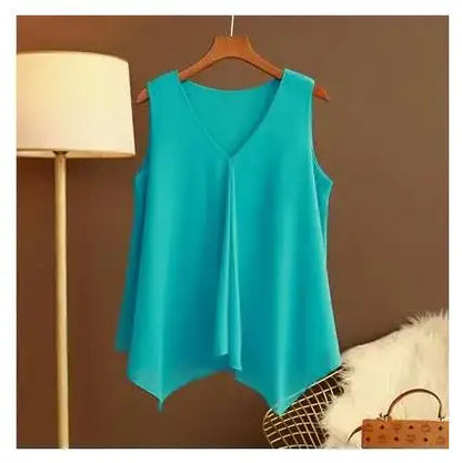 Women's Chiffon V Neck Blouse - Loose Sleeveless Plus Size Fashion Top M-5XL