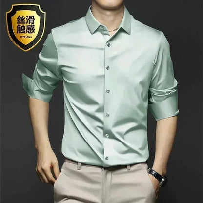 Men’s Luxury White Dress Shirt - Wrinkle-Resistant Ice Silk Glossy Long Sleeve Business Casual Shirt S-6XL