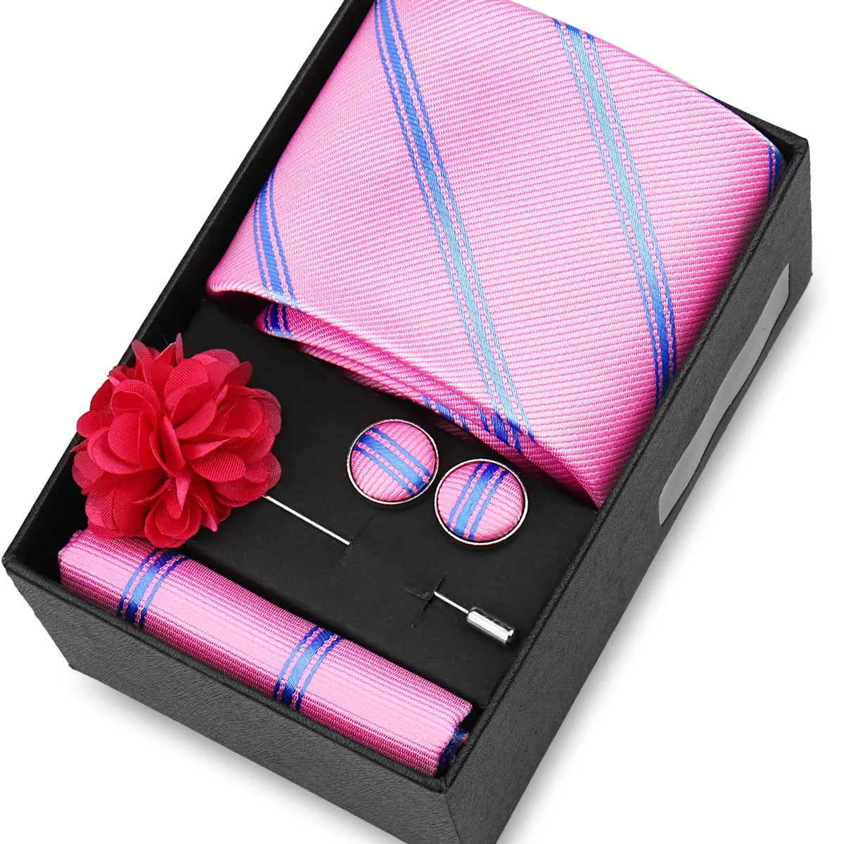 Elegant Men’s Necktie Gift Set - Fashion Tie with Handkerchief, Cufflinks & Brooch Pin Accessories for Business & Wedding