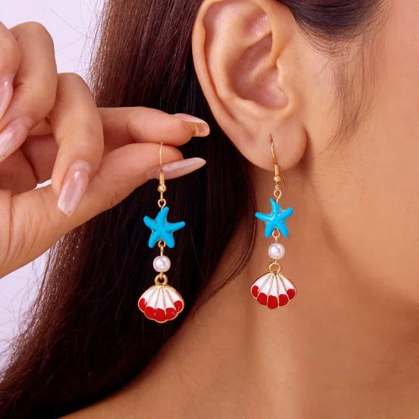 Ocean Style Asymmetric Earrings - Starfish Shell Pearl Zircon Stud Jewelry Gift for Women