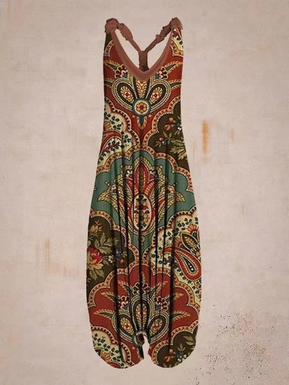 Bohemian Wide Leg Jumpsuit - Vintage Mandala Paisley Print Loose Fit Backless Women Harem Romper