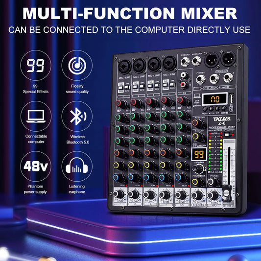 TKLBLS Professional 6 Channel Audio Mixer – 99 DSP Effects, 48V Phantom Power, USB, Bluetooth DJ Console for Studio & Karaoke