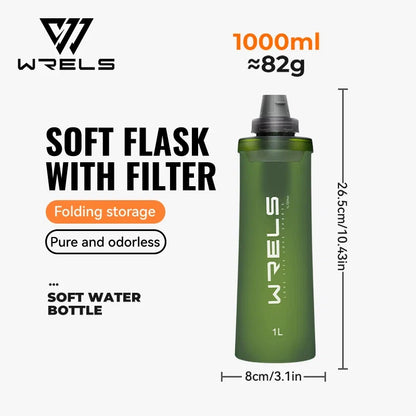 WRELS Soft Water Bottle with Filter - Ultralight Collapsible Hiking & Camping Hydration Flask