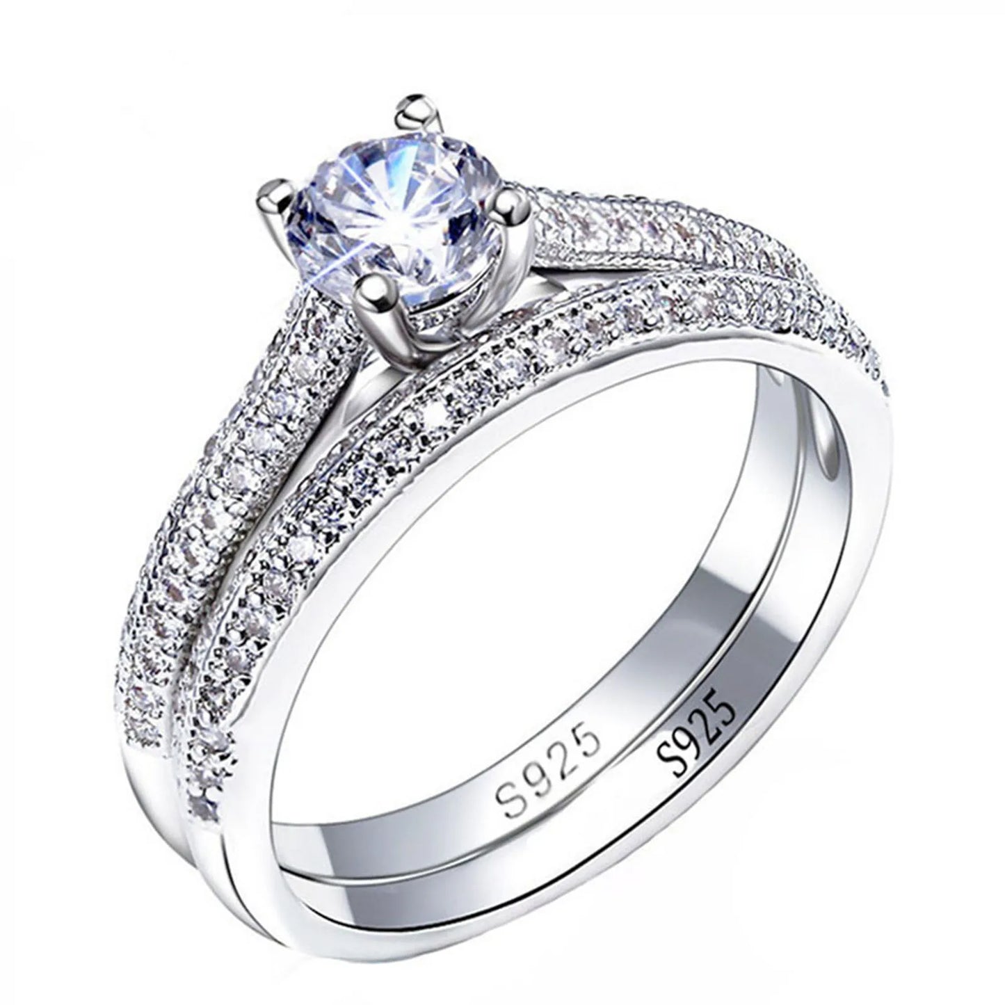 Vintage Halo Sterling Silver Ring Set - 925 Silver Wedding Anniversary Jewelry Gift for Women