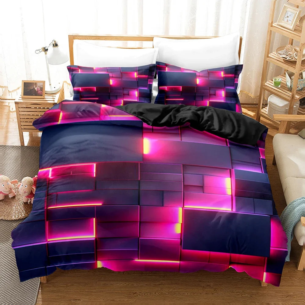 Colorful Glowing Polygon Grid Bedding Set - Duvet Cover with Pillowcases for Twin, Queen & King Sizes