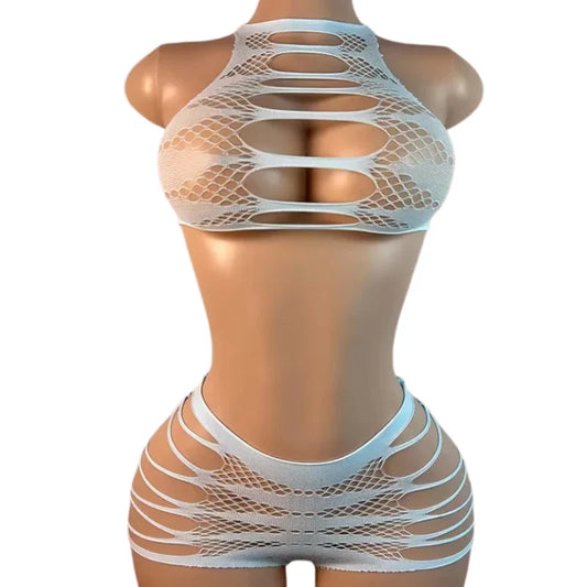 Sexy Fishnet Lingerie Bodysuit - Transparent Mesh Hollow Body Suit with Matching Panties