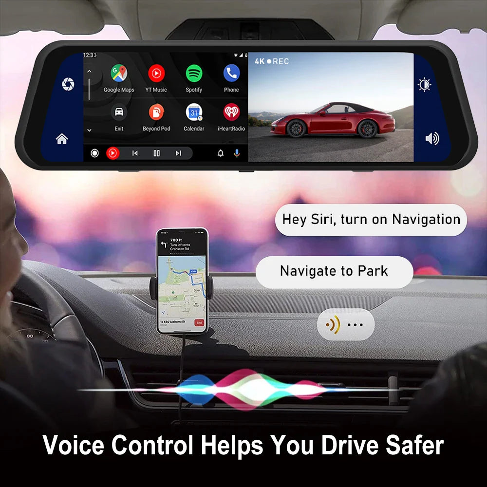 4K 2160P Dash Cam – Car DVR with CarPlay, Android Auto, Rearview Mirror Streaming, GPS, 5G WiFi, FM Radio, AUX