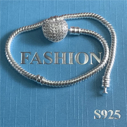 Silver Color Heart Bracelet - Shiny Zircon Love Bracelet for Women, Fits Original Charm Jewelry Gift