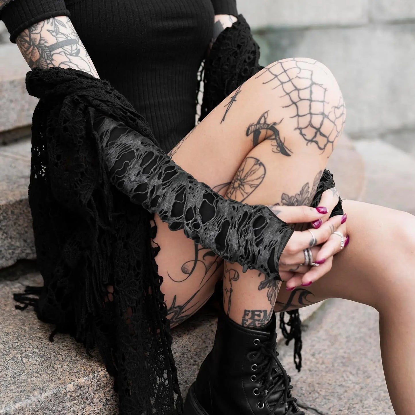 Gothic Fingerless Gloves - Unisex Stretchy Distressed Fashion Party Wear
