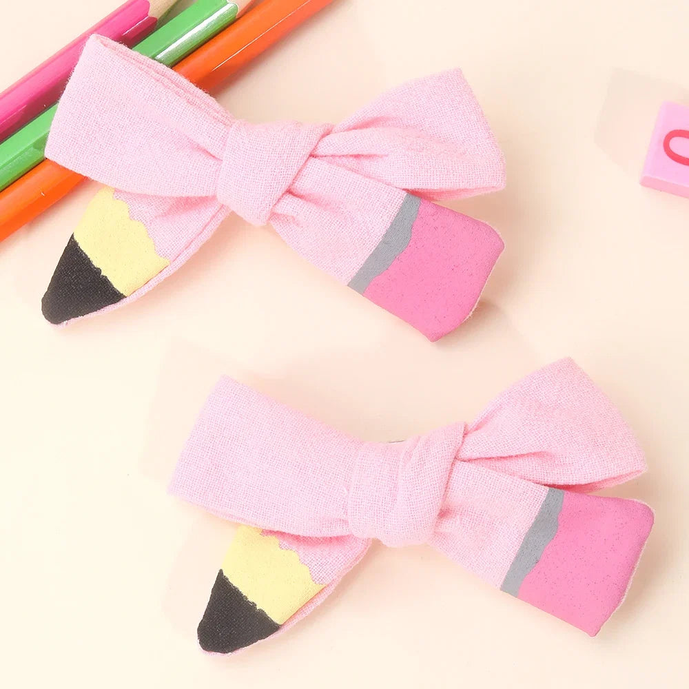 2Pcs Pencil Bow Hair Clips - Cute Kawaii Back to School Hairpins for Girls Kids