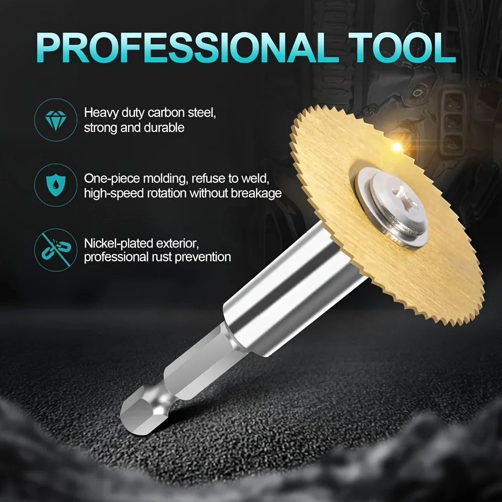 7Pcs HSS Saw Blade Set - Titanium Coated Hex Shank Cutting Discs for Wood, Metal, Tile, Stone, Glass & Plastic