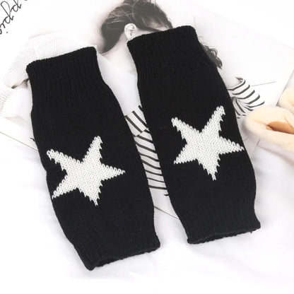 Black & White Women’s Knitted Fingerless Gloves – Warm Autumn/Winter Half Gloves for Girls