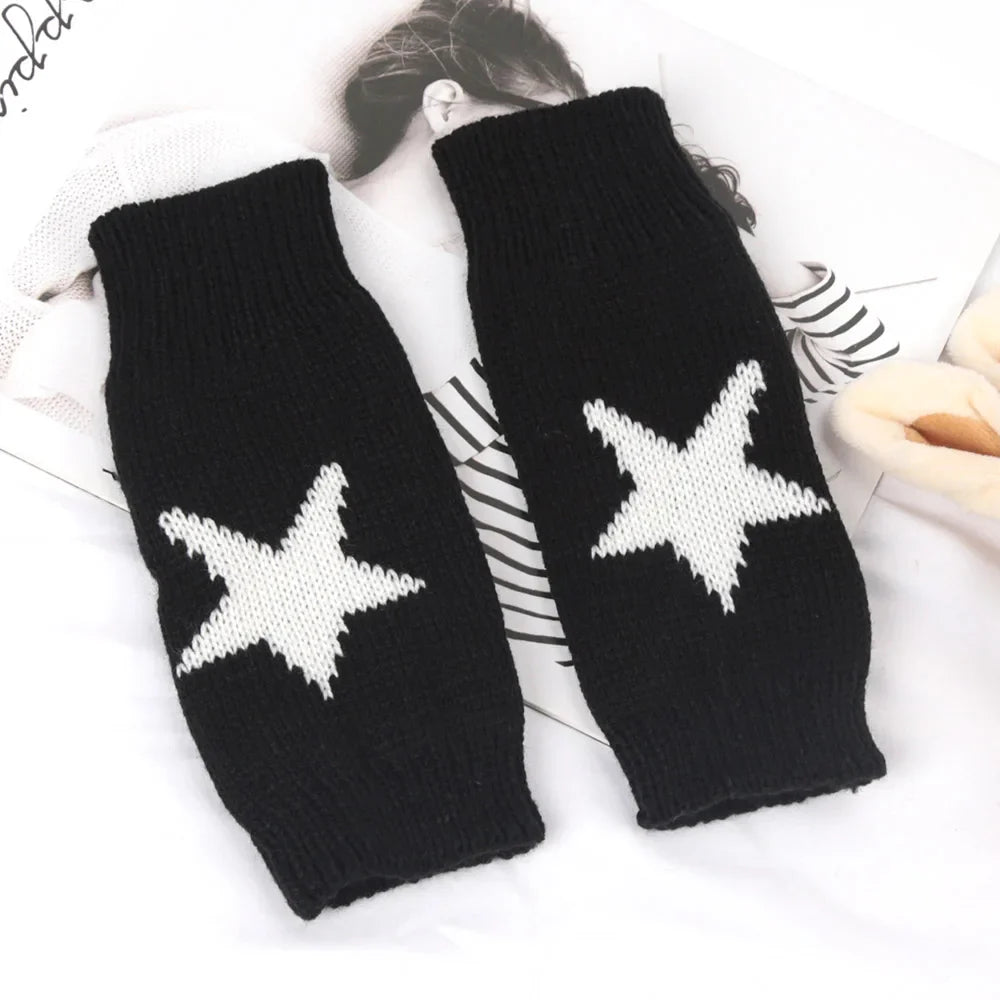Women’s Knitted Fingerless Half Gloves – Warm Black & White Arm Sleeve Mittens for Autumn Winter Fashion Casual Wear Accessories