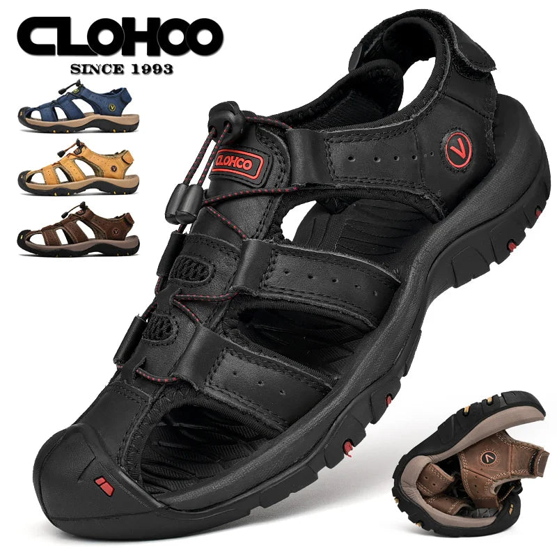 CLOHOO Men's Leather Sandals - Handmade Thick Sole Breathable Slip-On Beach Shoes