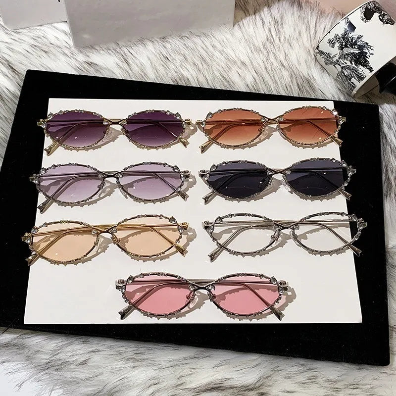 Luxury Diamond Oval Sunglasses - Rhinestone Metal Frame Fashion Eyewear for Men and Women Driving Style