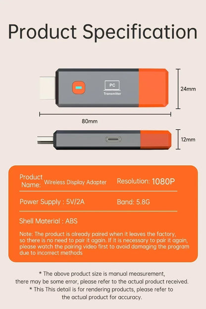 Wireless HDMI Video Transmitter & Receiver Extender Kit – TV Stick Dongle Adapter for PC, Camera, Laptop to Projector, Monitor & TV