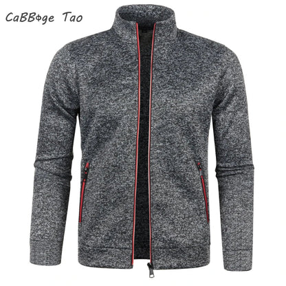 Men's Autumn Winter Zipper Sweater Jacket - Color Block Long Sleeve Slim Fit Plush Casual Warm Coat