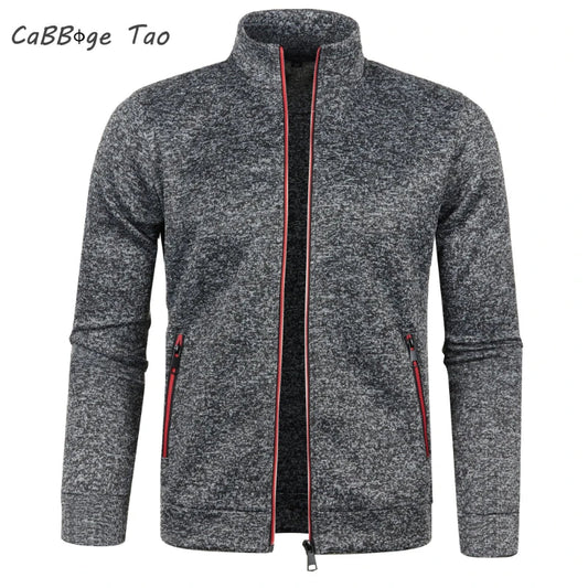 Men's Autumn Winter Zipper Sweater Jacket - Color Block Long Sleeve Slim Fit Plush Casual Warm Coat