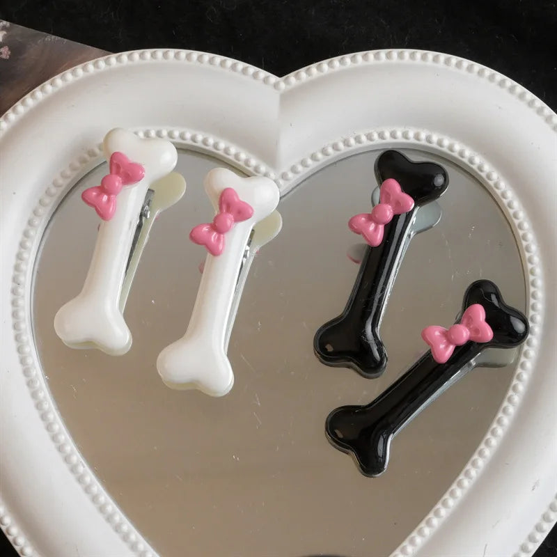 Kawaii Bow Dog Bone Hair Clips – Cute Black & White Bone Hairpins for Girls, Duckbill Barrettes Accessories