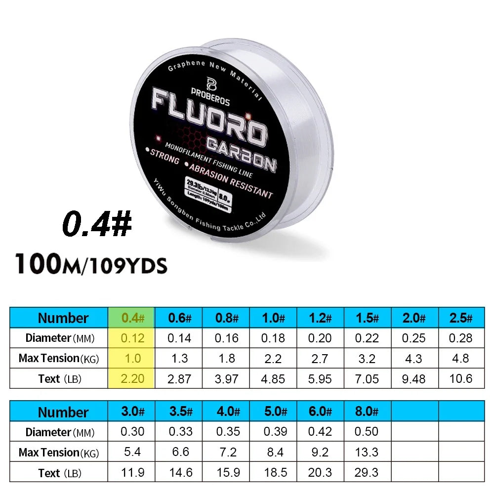 PROBEROS 100M Fluorocarbon Fishing Line - Carbon Fiber Monofilament Leader Line for Carp & Sinking Fishing Tackle
