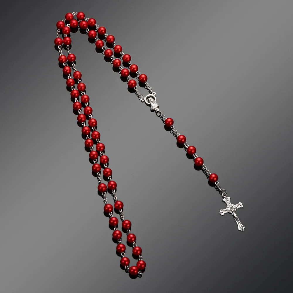 Rosary Beads Cross Necklace – Catholic Virgin Mary Pendant Chain Religious Jewelry Gift for Men & Women Prayer Charm