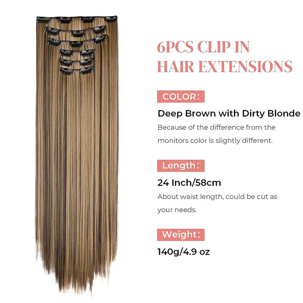 Black Hair Extensions: 24"/60cm 140g 6pcs/set Women's Long Straight Synthetic Full Head Clip - 16 Clips, Ombre, Heat-Resistant Fiber