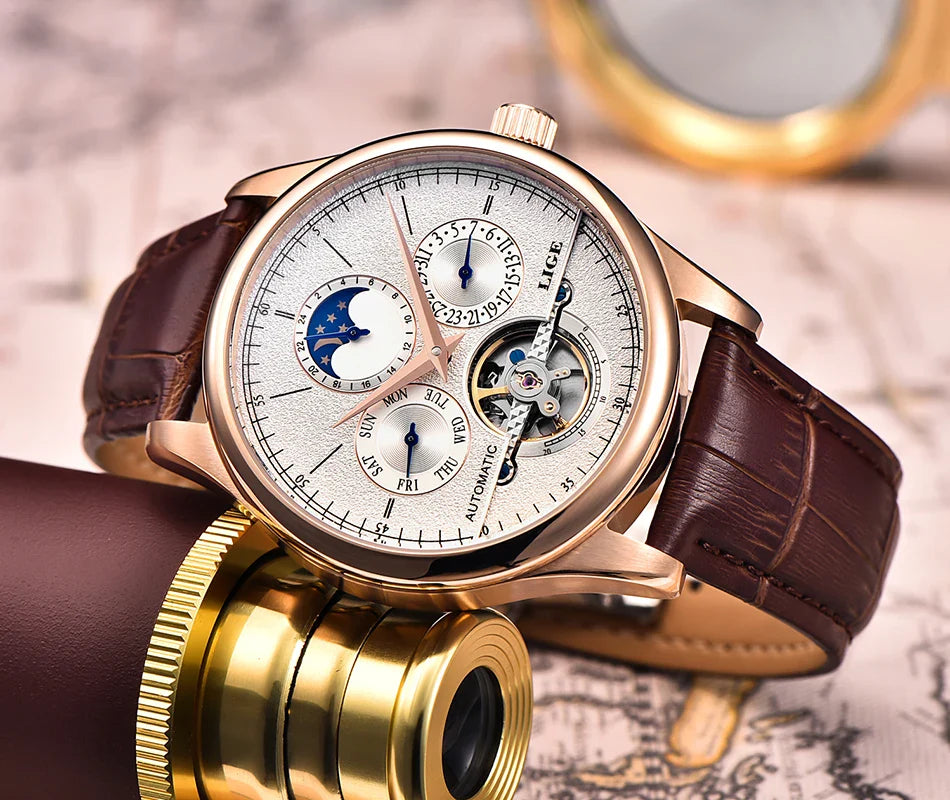 LIGE Men's Automatic Mechanical Tourbillon Watch - Waterproof Genuine Leather Military Wristwatch