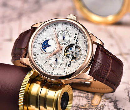 LIGE Men's Automatic Mechanical Tourbillon Watch - Waterproof Genuine Leather Military Wristwatch