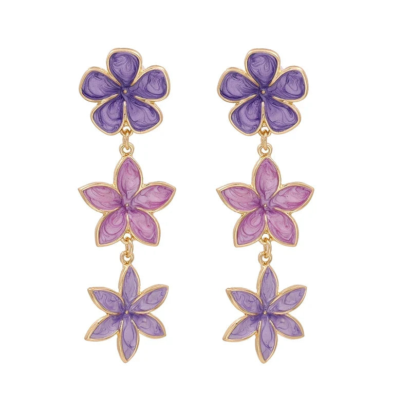 Long Flower Enamel Drop Earrings - Colorful Metal Petal Dangle Party Jewelry for Women
