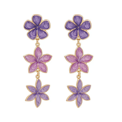Long Flower Enamel Drop Earrings - Colorful Metal Petal Dangle Party Jewelry for Women