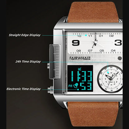 Mark Fairwhale Men’s Luxury Square Quartz Watch — Fashion Waterproof Military Leather Strap Wristwatch