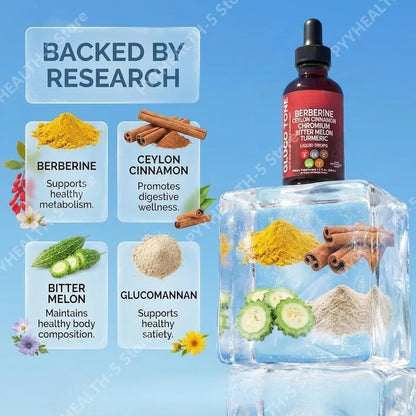 Berberine Liquid Drops Supplement - Ceylon Cinnamon, Bitter Melon, Glucomannan, Gymnema, Chromium & Turmeric Extract Blend