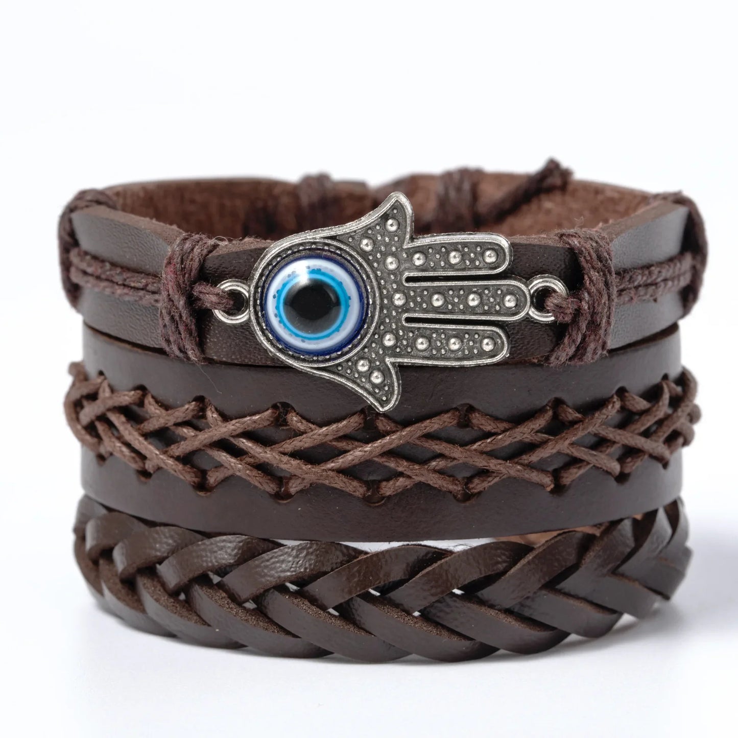 4Pcs Men's Braided Leather Bracelets Set – Vintage Life Tree & Rudder Charms, Wood Beads, Ethnic Tribal Wristbands
