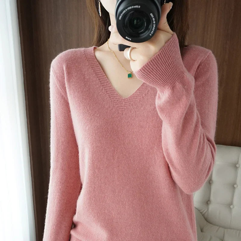 New Women’s Cashmere V-Neck Pullover – Lace Hollow Out Long Sleeve Knitted Sweater for Fall & Winter