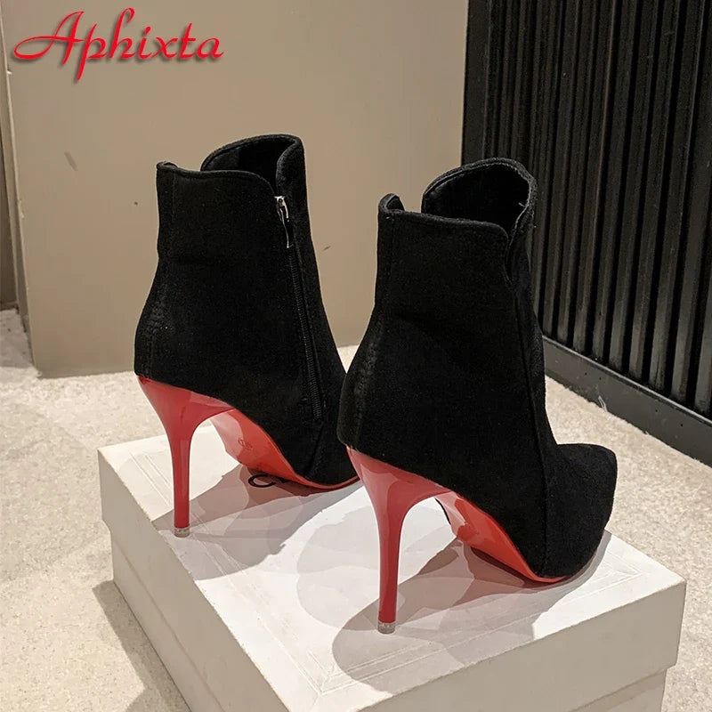 Women’s 10cm Stiletto Ankle Boots - Warm Winter Zip Heels in Black & Red Sizes 47-50