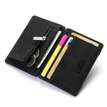 Mini Men’s Card Holder Wallet — Slim PU Leather Wallet with Zipper Coin Pocket, Magic Closure, Credit Card Case, Small Men’s Purse