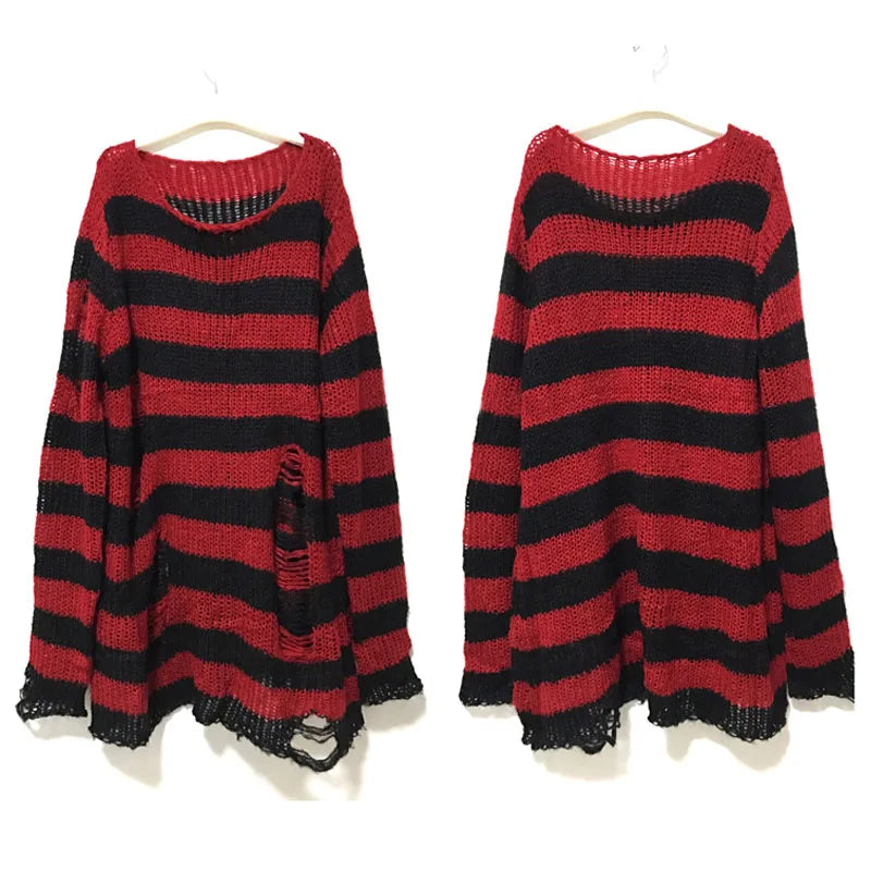 New Punk Gothic Unisex Long Sweater - Summer Striped Hollow Out Jumper for Women - Loose Dark Streetwear Top