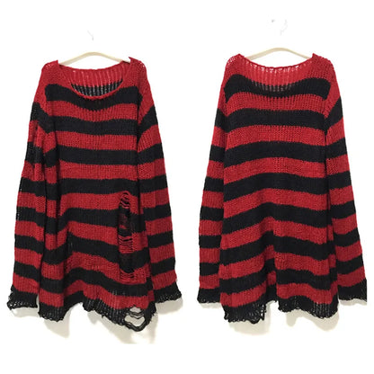 New Punk Gothic Unisex Long Sweater - Summer Striped Hollow Out Jumper for Women - Loose Dark Streetwear Top