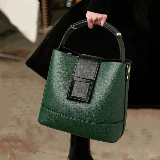 Women’s Solid Color PU Handheld Bucket Bag – Elegant Buckle Design Convertible to Crossbody