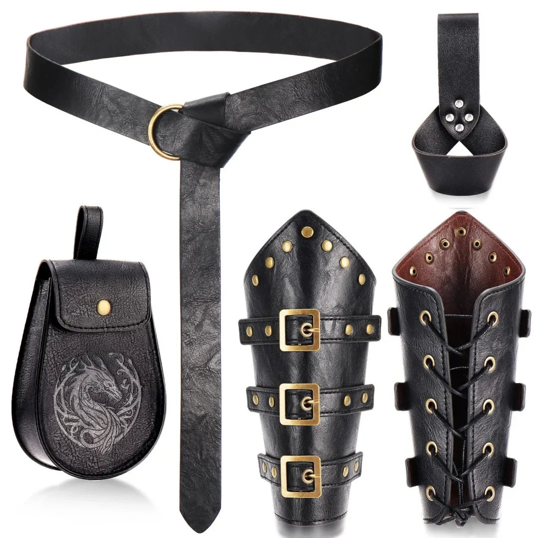 Medieval Viking Belt & Bracelet Set – Renaissance Copper Coin Waist Bag Cosplay Accessories for Halloween Dress Up