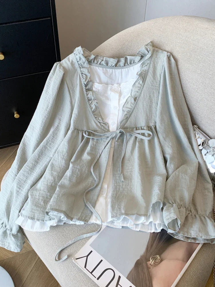 Casual Women’s Lace Collar Shirt – Sweet Fake Two-Piece Long Sleeve Top, Autumn 2024 Fashion