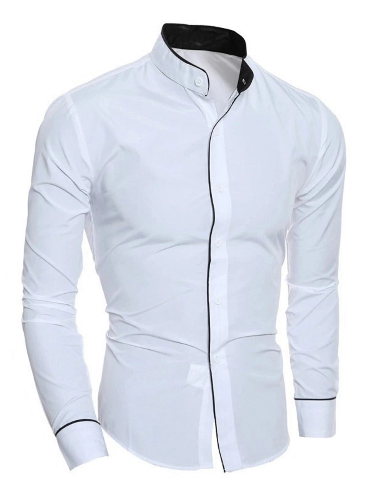 Men’s Stand Collar Long Sleeve Shirt - Slim Fit Solid Color Button Down Shirt for Spring & Autumn