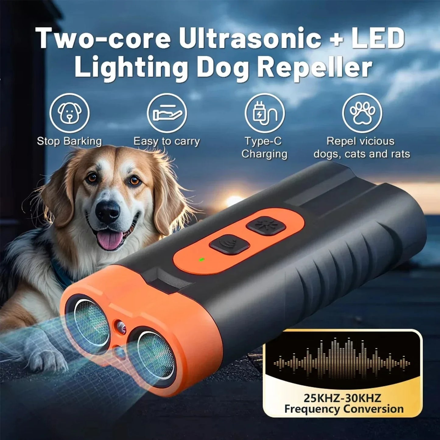Ultrasonic Dog Repeller - Dual Head USB Rechargeable Anti-Bark Training Device with LED Flashlight