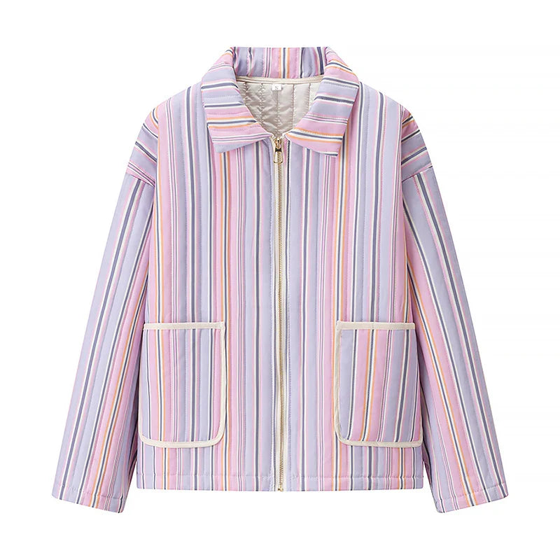 2025 Women’s Printed Quilted Padded Jacket – Collared Cotton Coat with Contrast Piped Pockets, Casual Autumn Outerwear