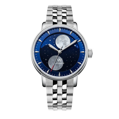 WM Welly Merck Automatic Mechanical Men's Watch — Lunar Moon Phase, Sapphire, Waterproof, Luminous Twin Moons WM142