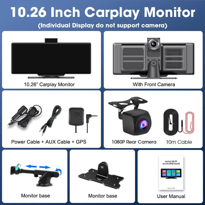 10.26" 4K Dash Cam Car Mirror — Wireless CarPlay Android Auto GPS Multimedia Rearview Camera Dashboard Monitor